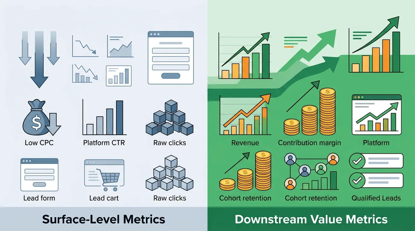 Comparison of surface-level native metrics versus actual business revenue outcomes.