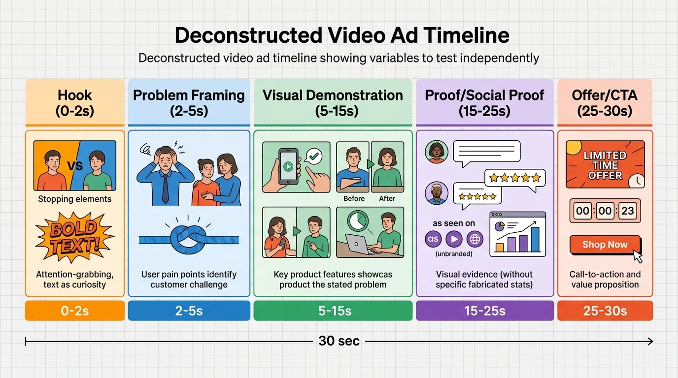 Deconstructed video ad timeline showing variables to test independently