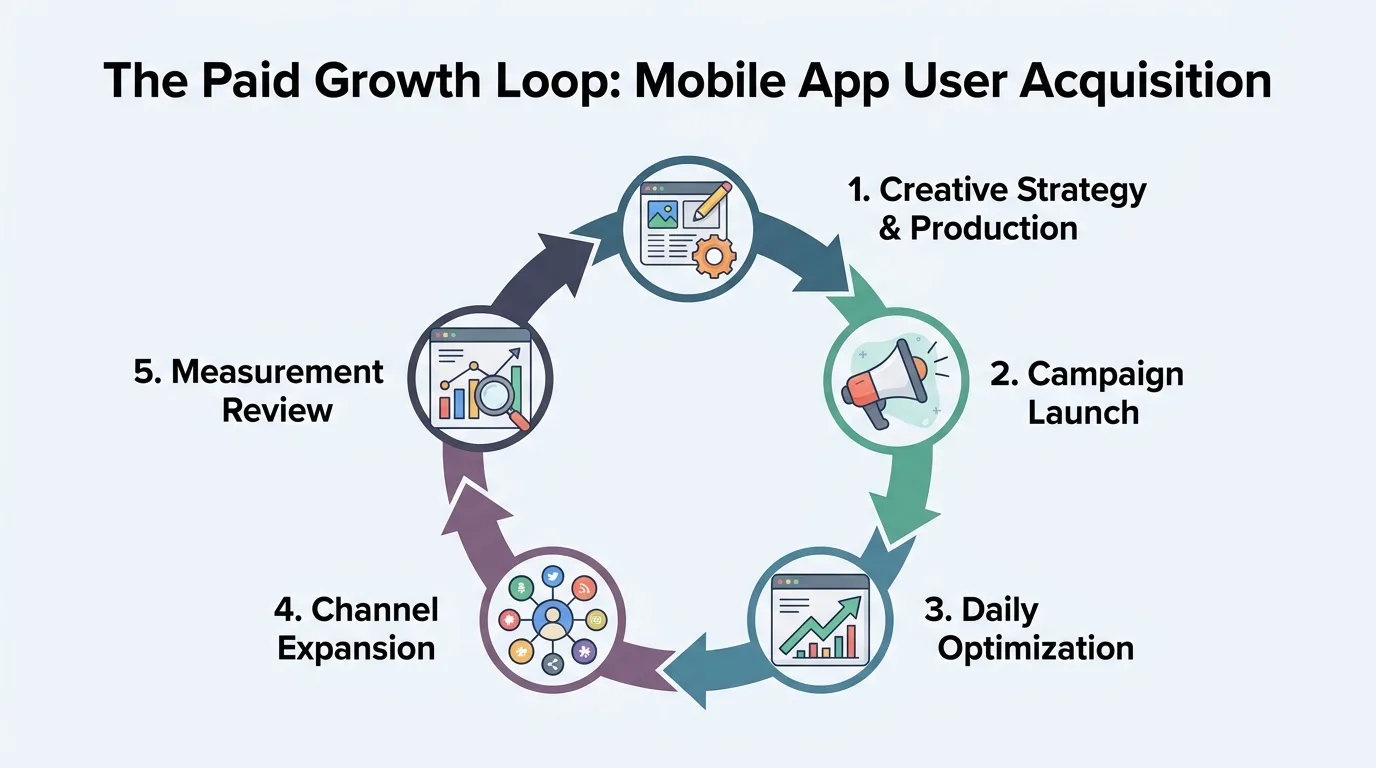 Infographic showing the continuous feedback loop of a mobile app user acquisition program.