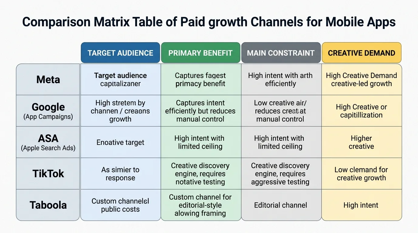 Comparison matrix of paid growth channels for mobile apps
