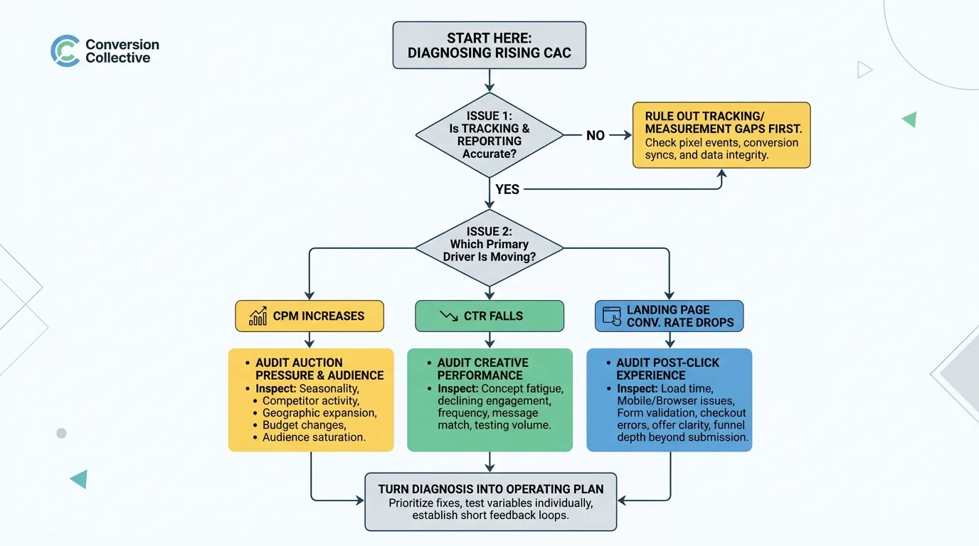 Flowchart outlining the step-by-step diagnostic process for rising CAC