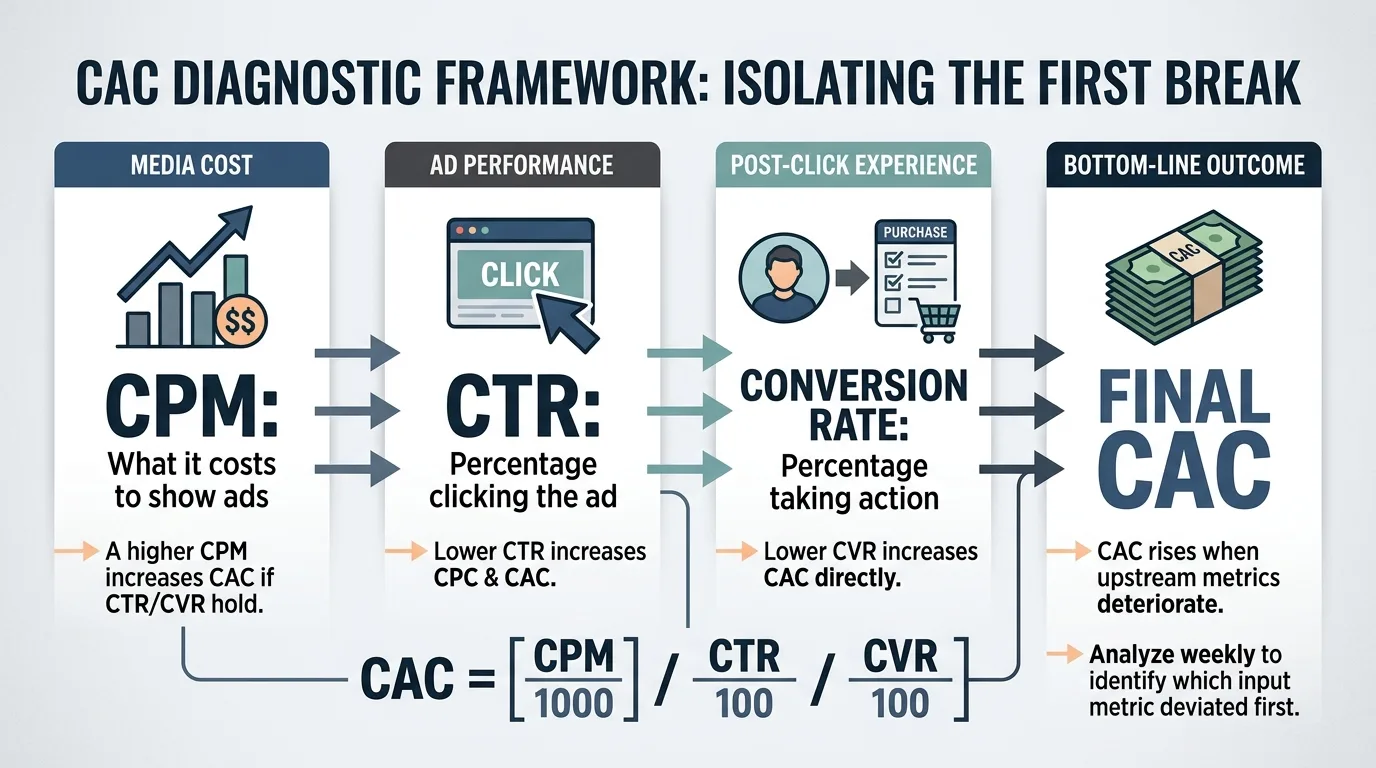 Diagram of CAC diagnostic formula showing CPM, CTR, and conversion rate inputs