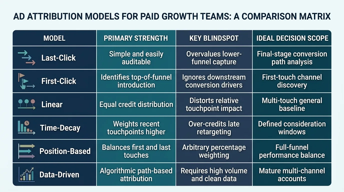 Comparison matrix of ad attribution models for paid growth teams