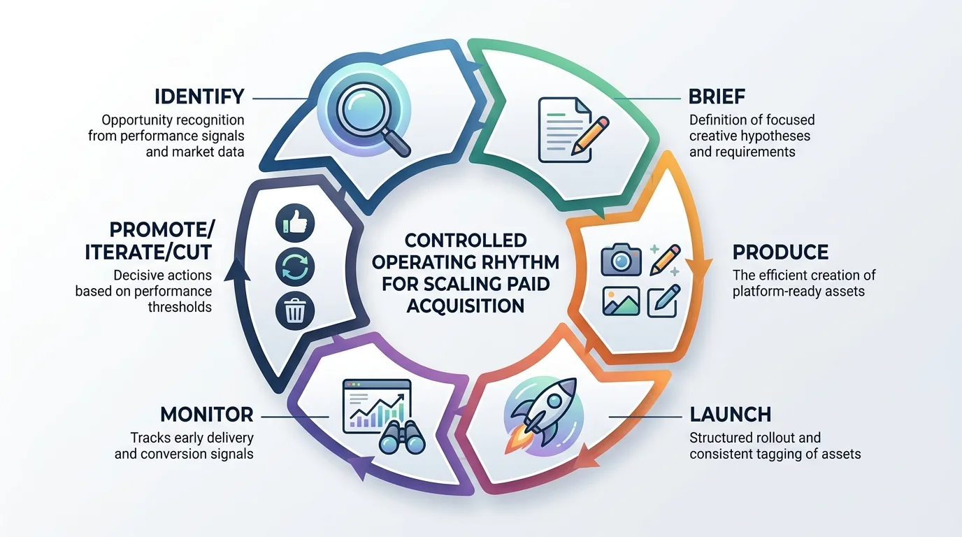Flowchart representing high-velocity creative testing operating rhythm.