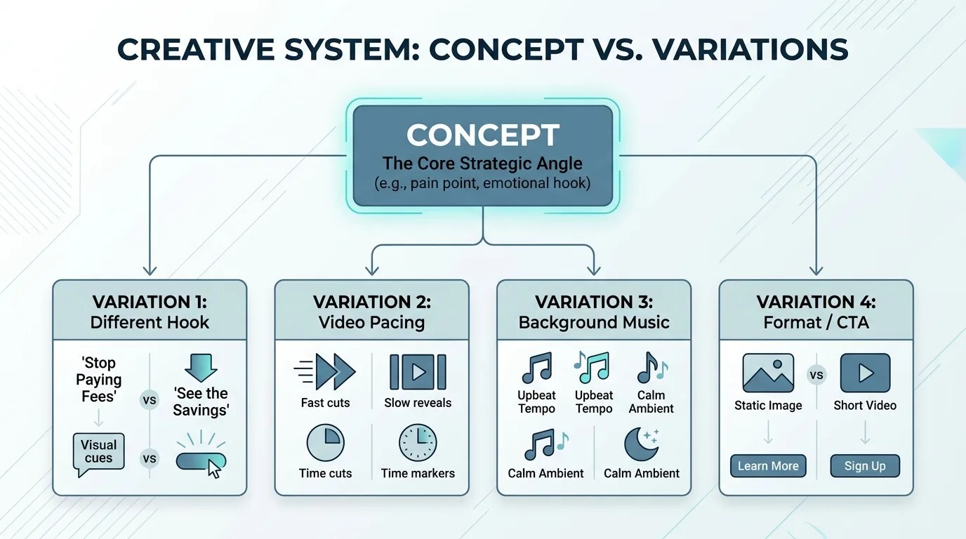 Diagram showing how one ad concept branches into multiple creative variations.