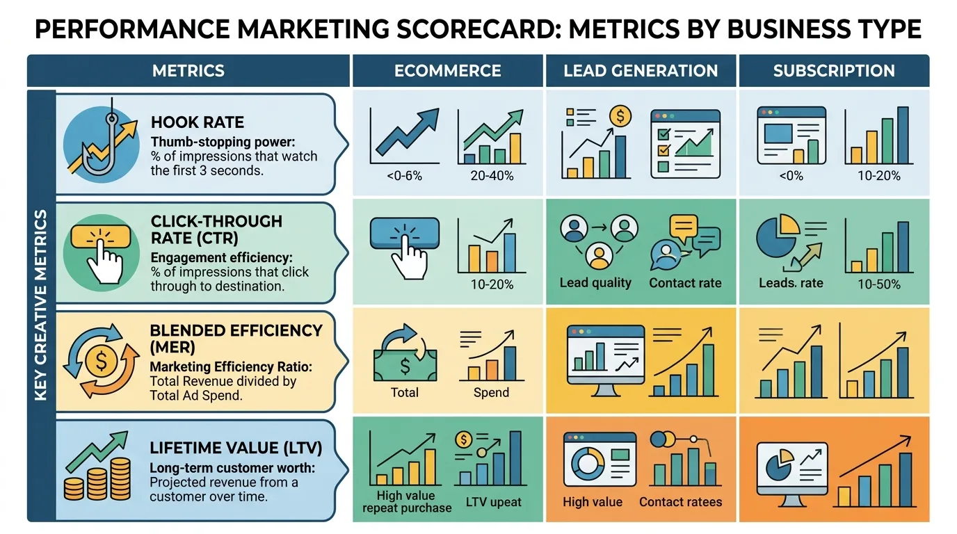 Performance marketing scorecard metrics grid by business type