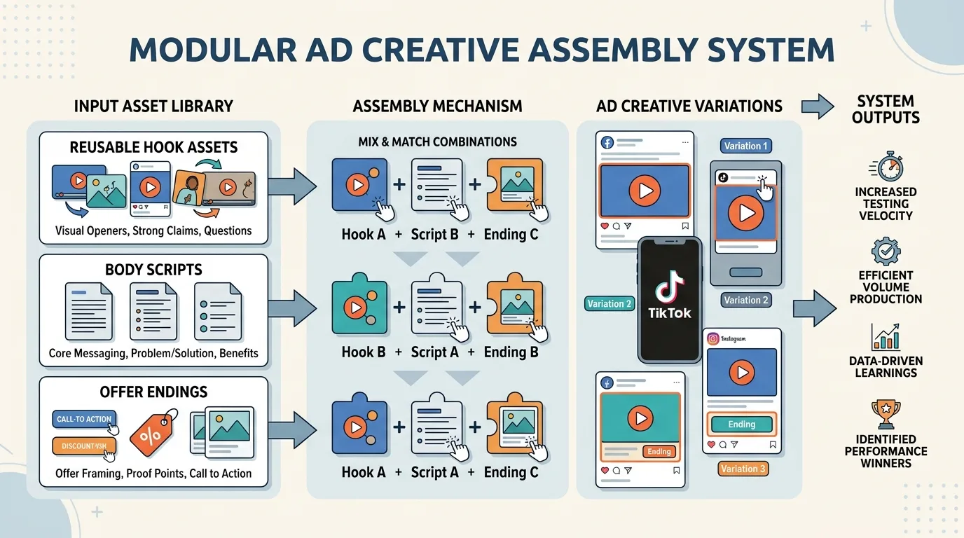 Diagram showing modular ad creative production system