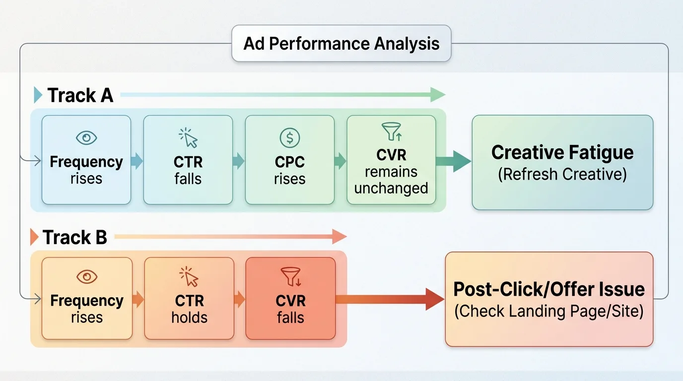 Diagnostic flowchart distinguishing true creative ad fatigue from landing page or post-click conversion issues.
