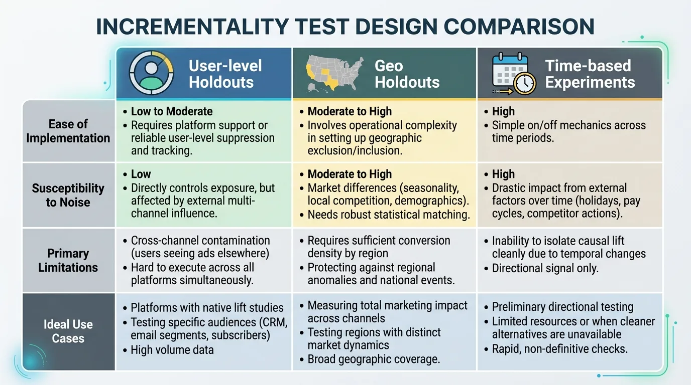 Comparison table of incrementality test designs: user-level holdouts, geo-testing, and time-based experiments.