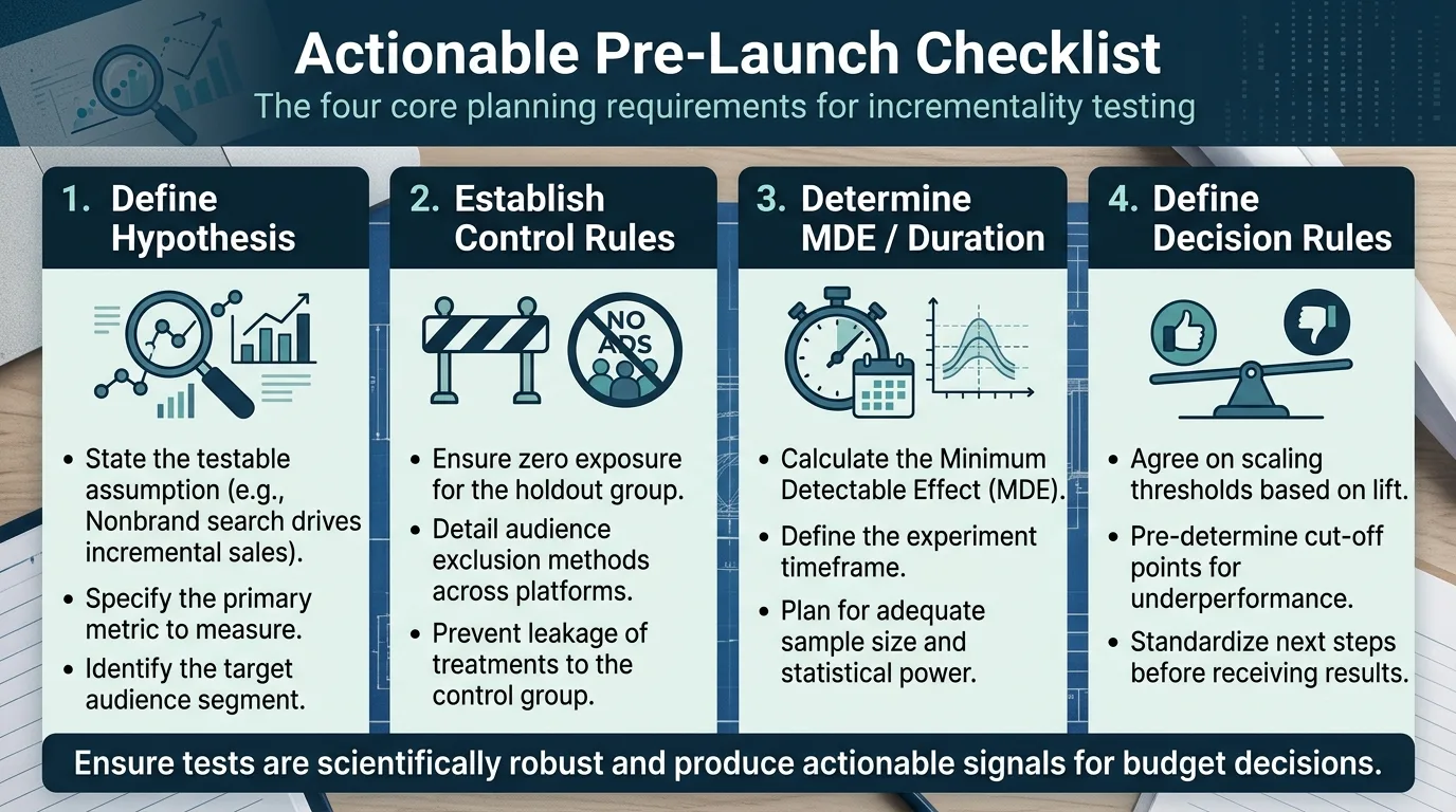 Pre-launch preparation checklist for paid media incrementality testing.