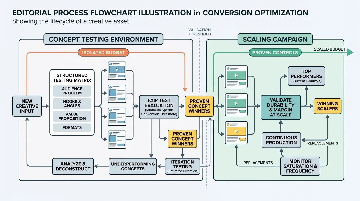 Flowchart illustrating the progression of creative assets from concept testing to scaled campaign promotion
