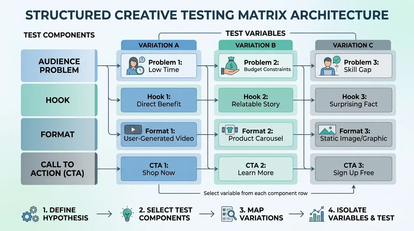 Diagram showing the architecture of a structured Facebook ad creative testing matrix