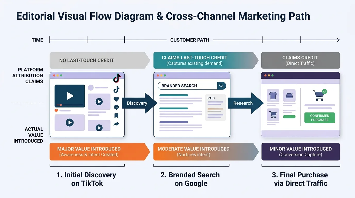 Diagram showing how different marketing channels claim attribution across a multi-touch customer journey