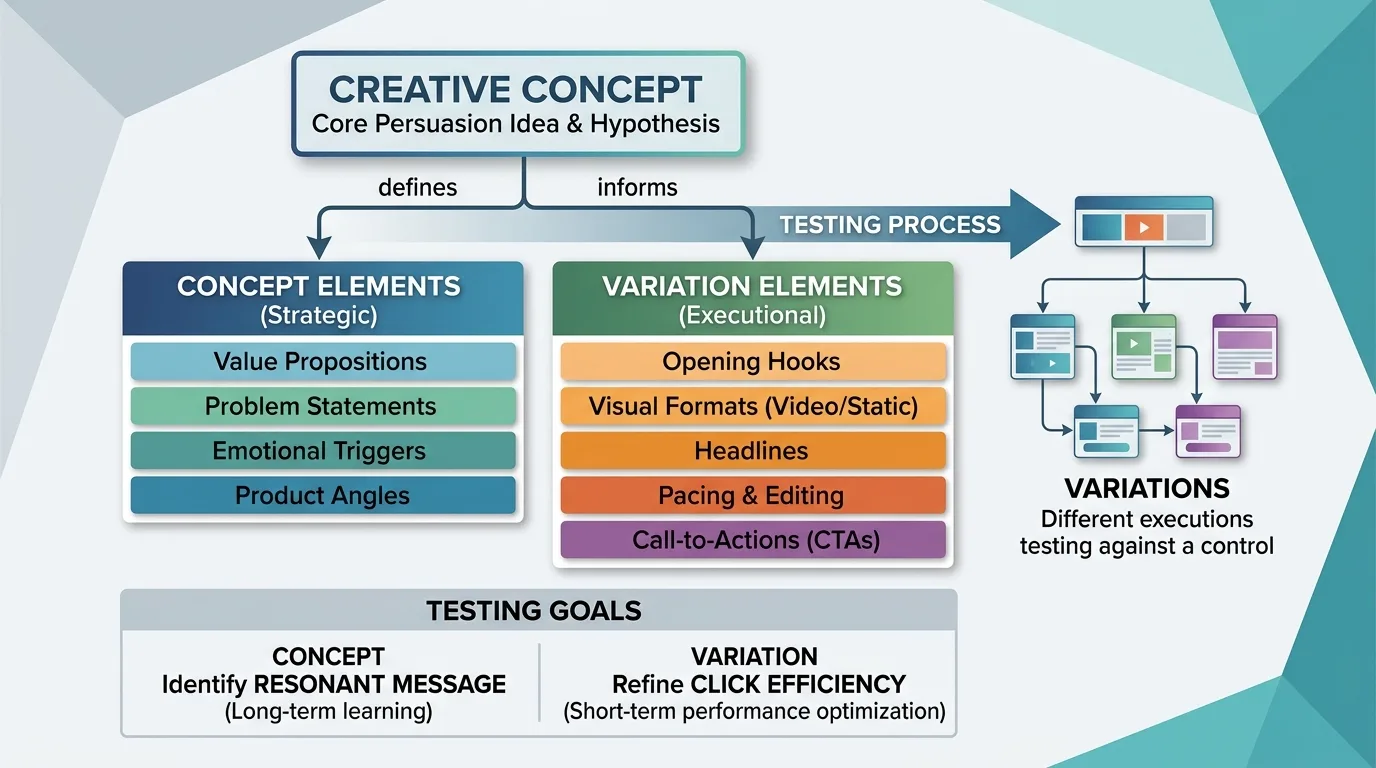 Diagram illustrating the hierarchical relationship between a core creative concept and its execution variations.