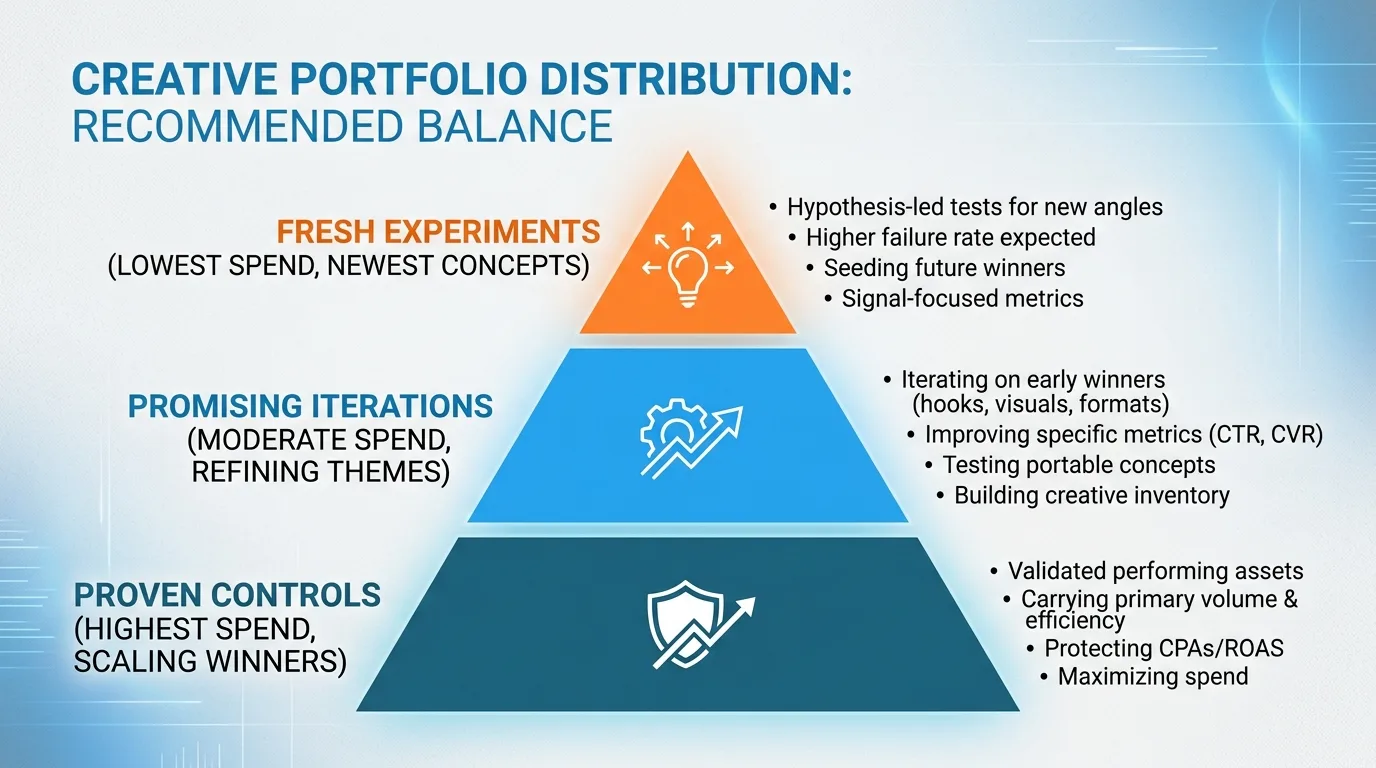 Creative portfolio distribution chart showing the balance between control assets, iterations, and fresh experiments.