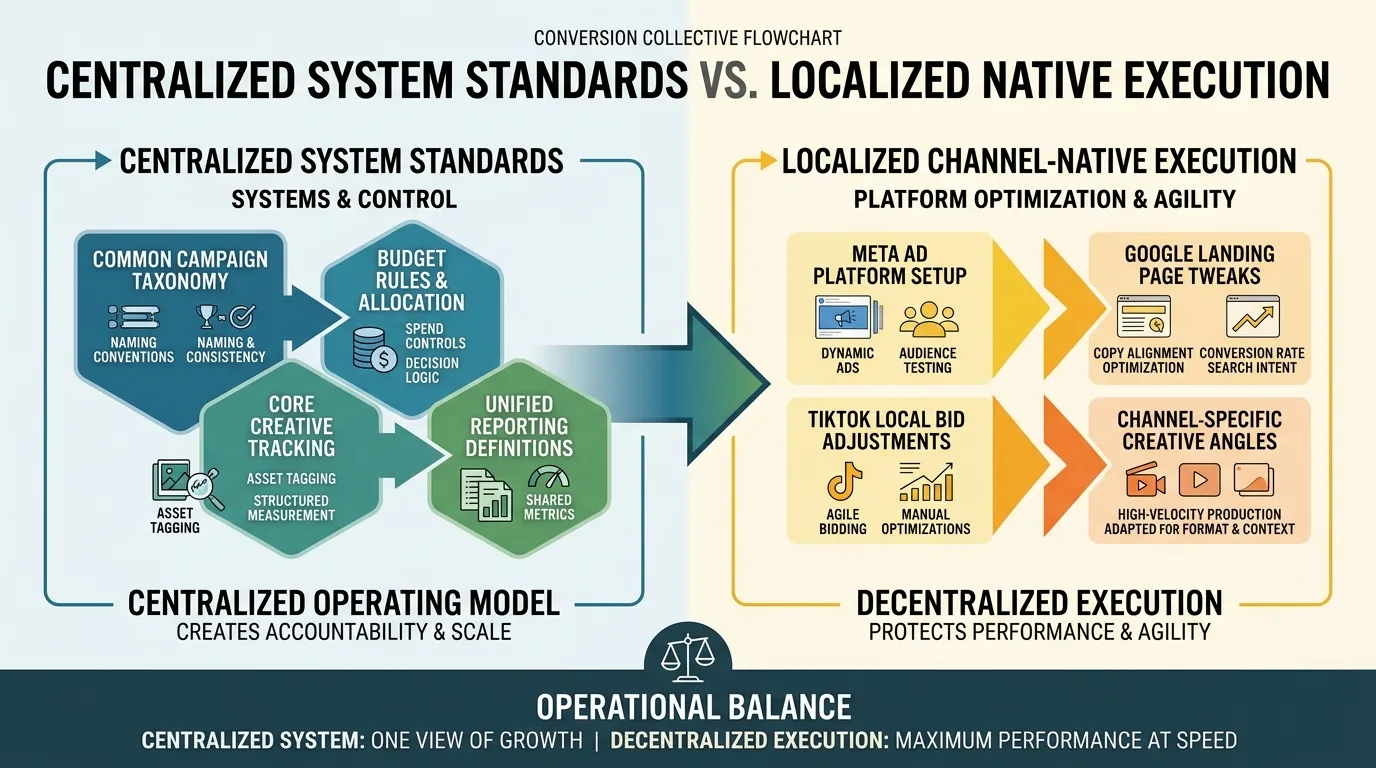 Flowchart comparing centralized system standards and localized channel-native execution