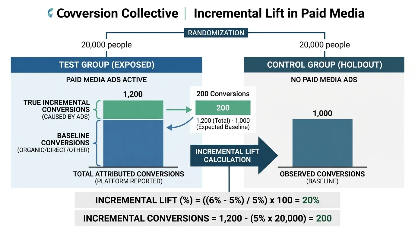 Diagram showing incremental lift calculation setup comparing exposed test group against unexposed holdout control group.