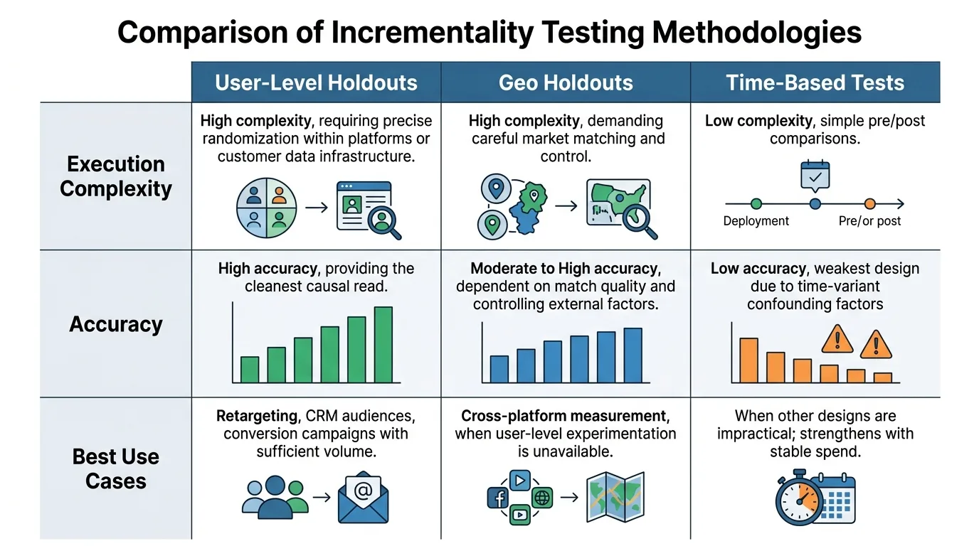 Comparison table of user-level, geo holdout, and time-based incrementality testing methodologies.