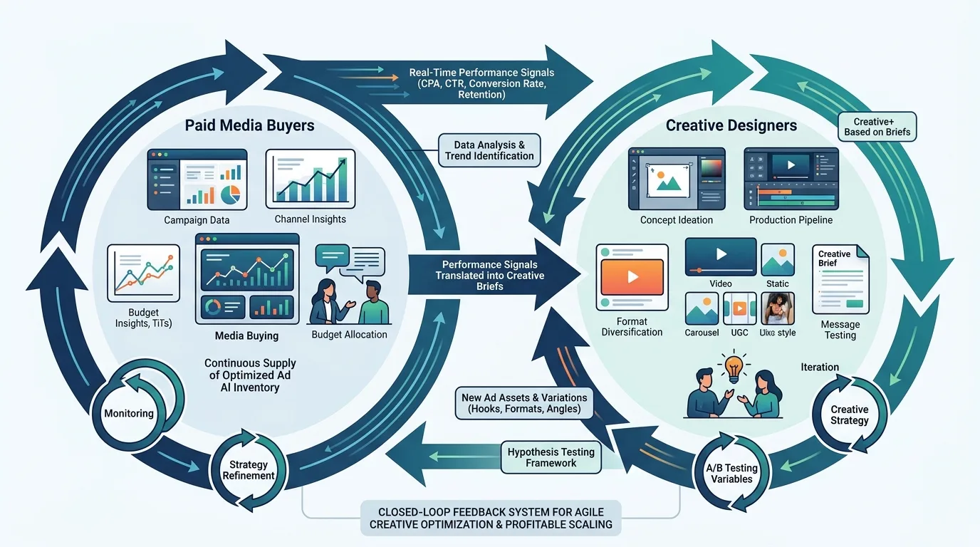 Flowchart displaying the feedback loop between paid media buyers and creative teams.